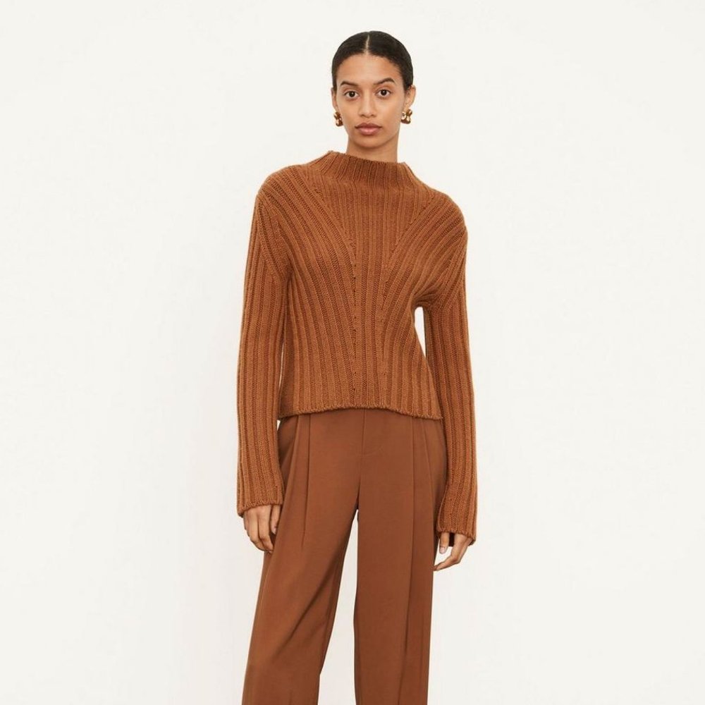 VINCE Rib Transfer Crew Neck Sweater Wool Cashmere Camel Brown Tan {MM7}